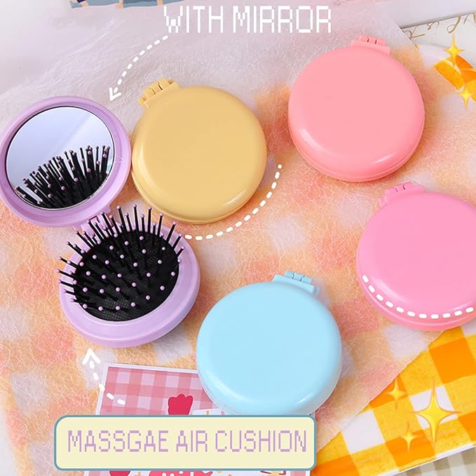 50pcs Folding Travel Mirror Hair Brushes Round Folding Pocket Hair Brush Mini Hair Comb Compact Travel Size Hair Massage Combor Women and Girls (5Colors)
