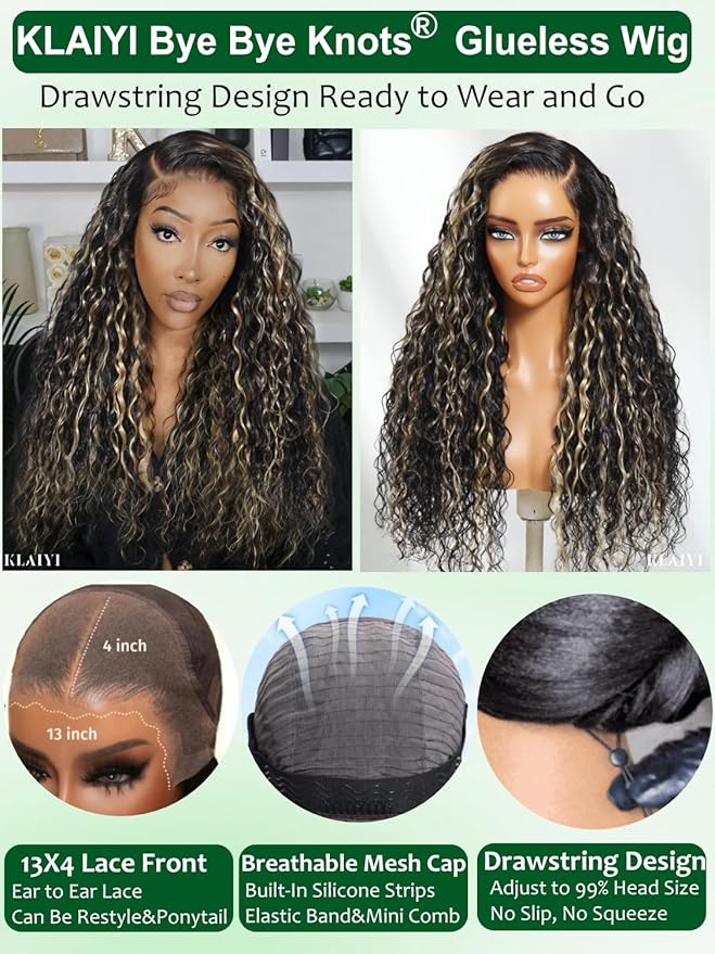KLAIYI Ombre Highlight Blonde Water Wave Glueless Pre Everything 13x4 Lace Front Wigs Human Hair Drawstring Pre Plucked Pre Bleached Bye Bye Knots Curly Wig with Dark Roots Ready to Wear and Go 20Inch