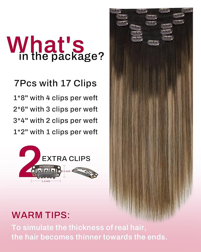 Moresoo Balayage Real Hair Extensions Clip in Human Hair Ombre Remy Double Weft Clip in Human Hair Extensions for Women Dark Brown to Golden Brown with Dark Ash Blonde 7pcs 120g 22inch