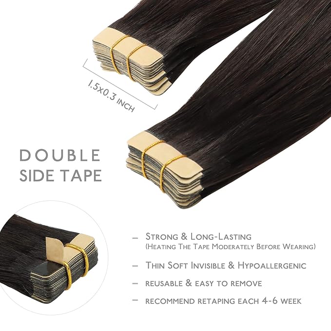 WENNALIFE Tape in Hair Extensions Human Hair, 20pcs 50g 16 inch Dark Brown Remy Hair Extensions for Women Tape Ins Straight Extensiones De Cabello Humano Skin Weft