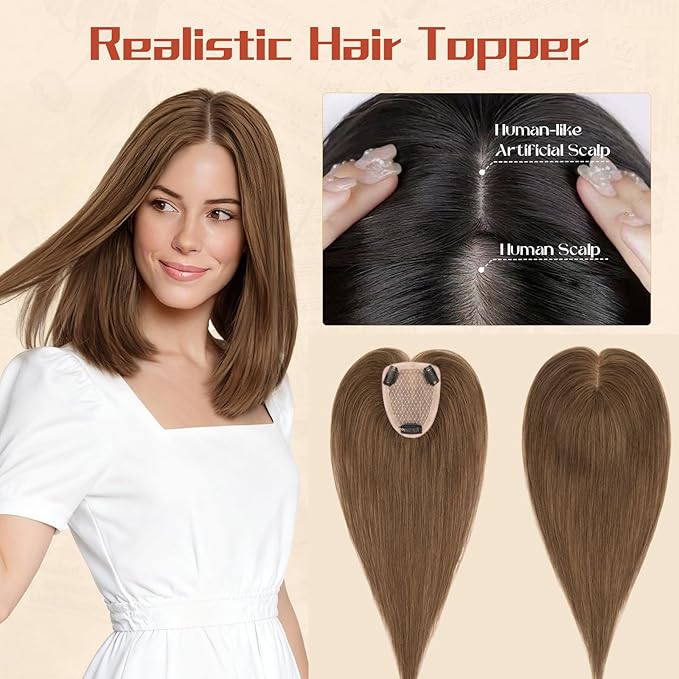 Rich Choices Human Hair Toppers for Women-100% Real Remy Hair Topper No Bang-Upgraded 150% Density 9 * 12CM Lace Base-Clip in Hairs Topper for Thinning Hairs-10Inch #4 Medium Brown