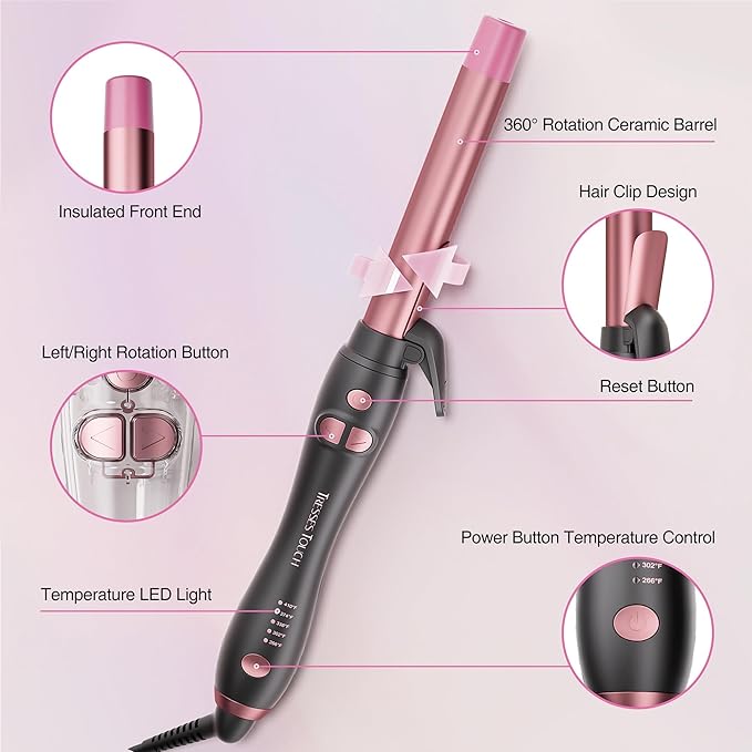 Extra-Long Barrel Rotating Curling Iron with Short Clamp, Automatic Curling Iron 1 Inch Creates Loose Curls – for Medium and Long Hair, High Heat 410°F, Instant Heat up, Double Ceramic, Dual Voltage