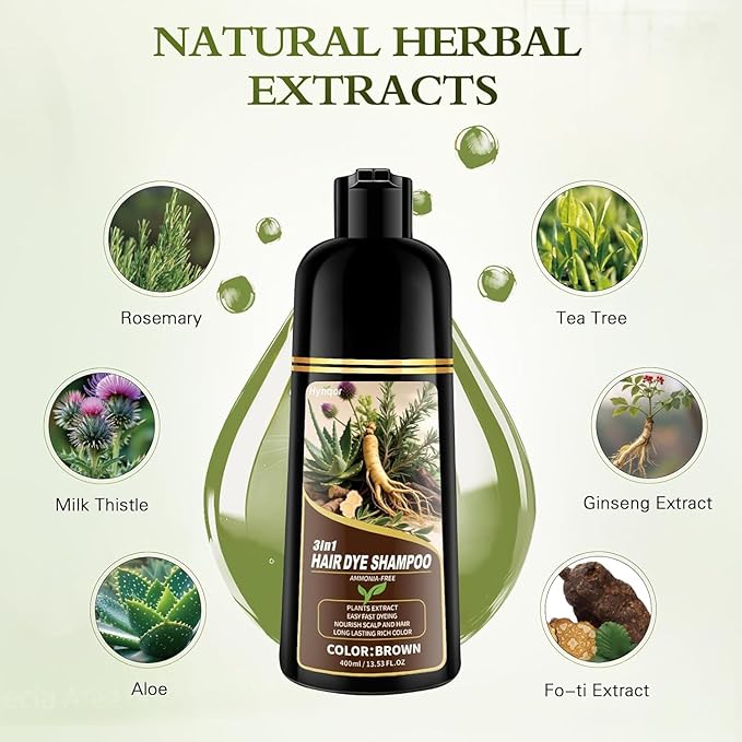 Brown Hair Color 3 in 1 Hair Dye Shampoo for Women Men Gray Hair Coverage, Natural Herbal Ingredients Semi-Permanent Hair Color Shampoo