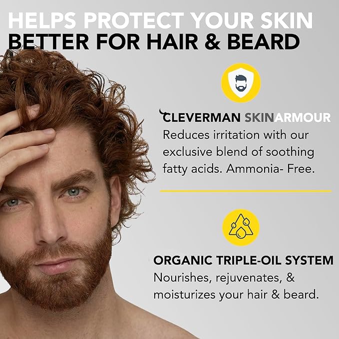 CLEVERMAN Auburn Hair & Beard Dye for Men - All-in-One Reusable Kit, Fast-Acting, Long Lasting, Ammonia-Free, Professional Quality for Hair, Beard & Gray Mustache - Semi-Permanent Extended