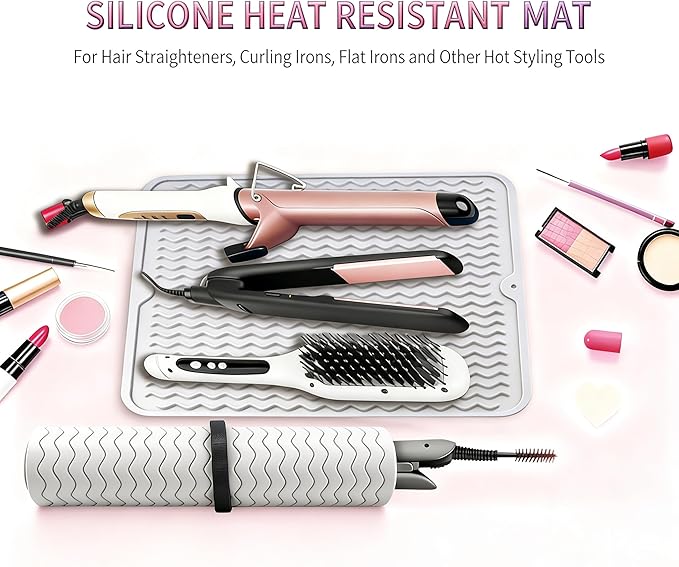 Heat Mat for Curling Iron, Oversize Silicone Resistant Mat for Hair Tools, Hot Pad for Hair Straightener, Flat Irons and Hot Hair Styling Tools Home Kitchen Travel Gym Salon Grey (15.7" x 11.8")