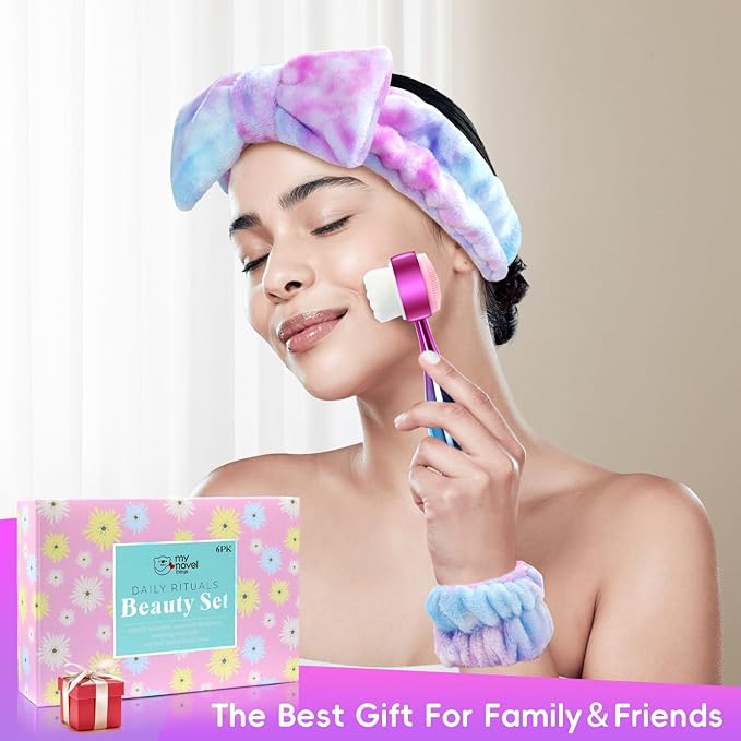 Facial Cleansing Brush, Headband for Washing Face with Silicone Double Side Manual Face Scrubber Brush, Skincare Headband and Wristband Set, 2 Hair Scrunchie, for Makeup Rainbow