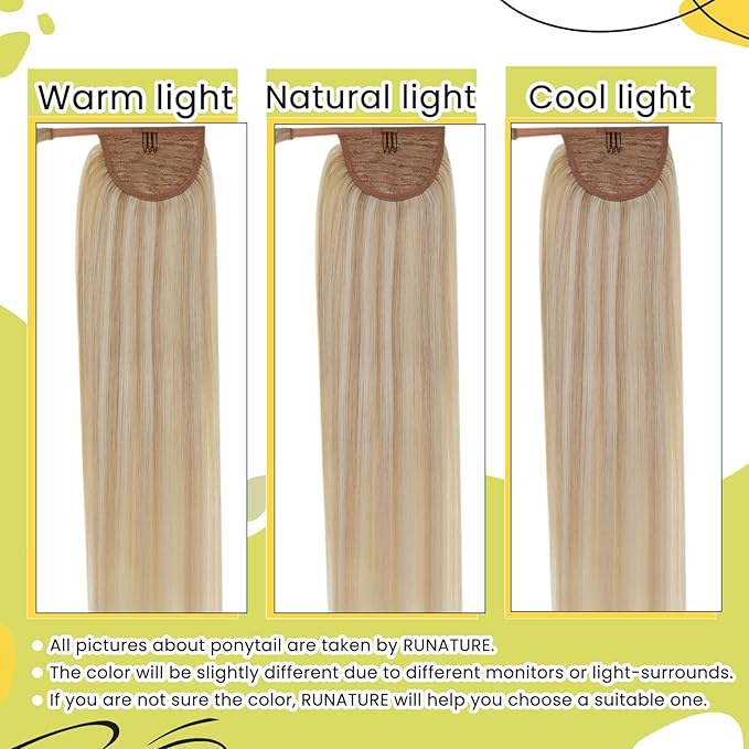 RUNATURE Ponytail Extension Human Hair Blonde, Real Human Hair Ponytail, Wrap Around Ponytail Hair Extensions Remy Straight Hair 18 Inch 80g #18P613 Ash Blonde Highlight Platinum Blonde