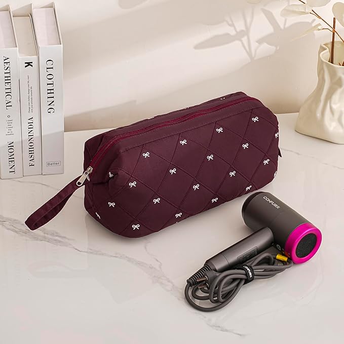 Large Quilted Hair Tools Travel Bag with Bow Pattern,Waterproof Hair Styling Accessories Storage Case for Shark FlexStyle, Dyson Airwrap Hair Dryer, Curling Iron, Revlon Hair Tools(Wine Red)