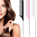 Leinuosen 3 Packs Rat Tail Comb Steel Pin Rat Tail Carbon Fiber Heat Resistant Teasing Combs with Stainless Steel Pintail (Black, Pink, White)
