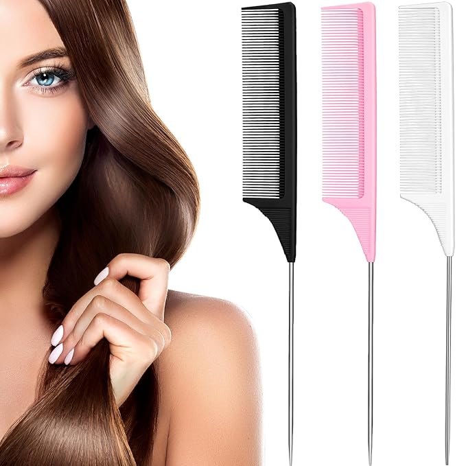 Leinuosen 3 Packs Rat Tail Comb Steel Pin Rat Tail Carbon Fiber Heat Resistant Teasing Combs with Stainless Steel Pintail (Black, Pink, White)