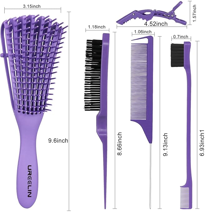 Hair Brush Set for 3a,4c,Wig/Thick/Wavy/Curly/Slick Back Hair Brushes,Rat Tail Combs,8-Row,Edge Brush,For Detangling,Braiding,Teasing,Parting,Styling,Kids,Girls,women(Purple)