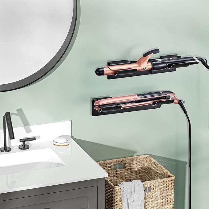 2 PCS Wall Mount Curling Iron Holder and Hair Tool Organizer with Adhesive, Multifunctional Hot Flat Iron and Hair Straightener Holder Storage Stand for Vanity, Cabinet and Wall, Black