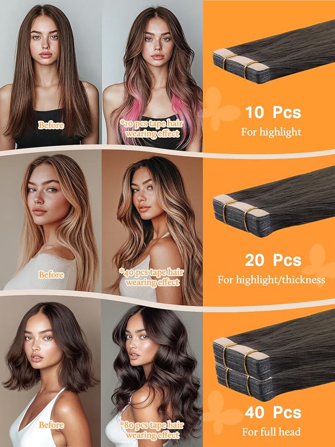 DOORES Tape in Hair Extensions Human Hair, Chocolate Dip Color Melt 12 Inch 20g 10pcs, Human Hair Extensions Natural Hair Extensions Seamless Straight