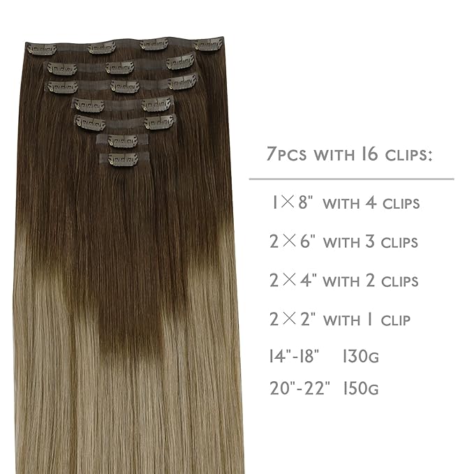 WENNALIFE Seamless Clip In Hair Extensions, 22 Inch 7pcs 150g Ombre Walnut Brown to Ash Brown and Bleach Blonde, Invisible PU Weft Natural Real Human Hair Extensions
