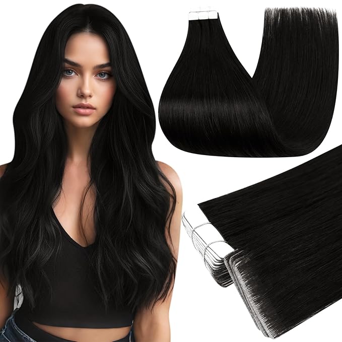 Full Shine Injection Tape in Extensions Real Human Hair 22 Inch Color 1B Black Straight Injection Remy Skin Weft Tape in Double Sided Seamless Hair Extension 20Pcs 50Grams Add Length Natural