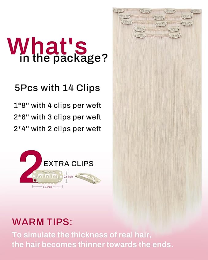 Moresoo Clip in Hair Extensions Remy Double Weft Human Hair Clip in Extensions Straight Hair Extensions for Women White Blonde #60A 5pcs 80g 10inch