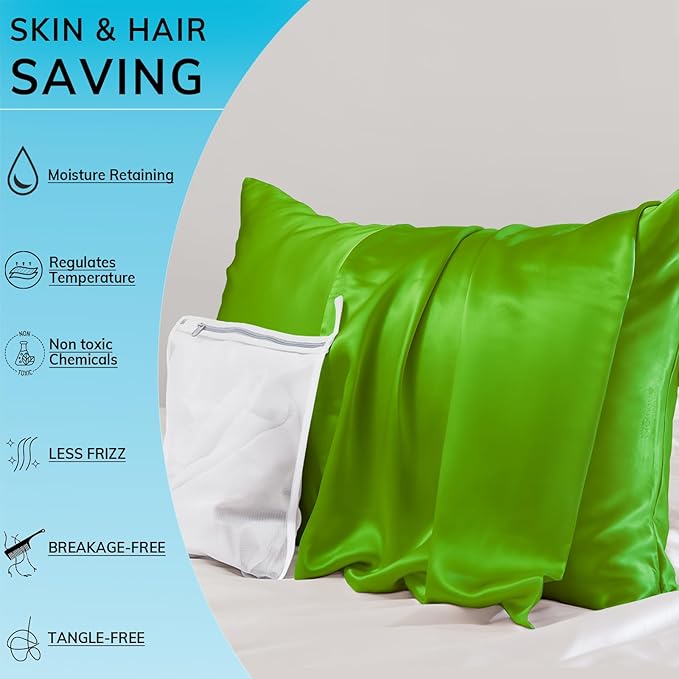 PROMEED 23 Momme Silk Pillowcase 2 Pack with Zipper, 3rd Gen Grade 6A+ 100% Mulberry Silk Pillow Case Set of 2,Silk Cooling Pillow Cases for Hot Sleepers (King 20"x36", Green)