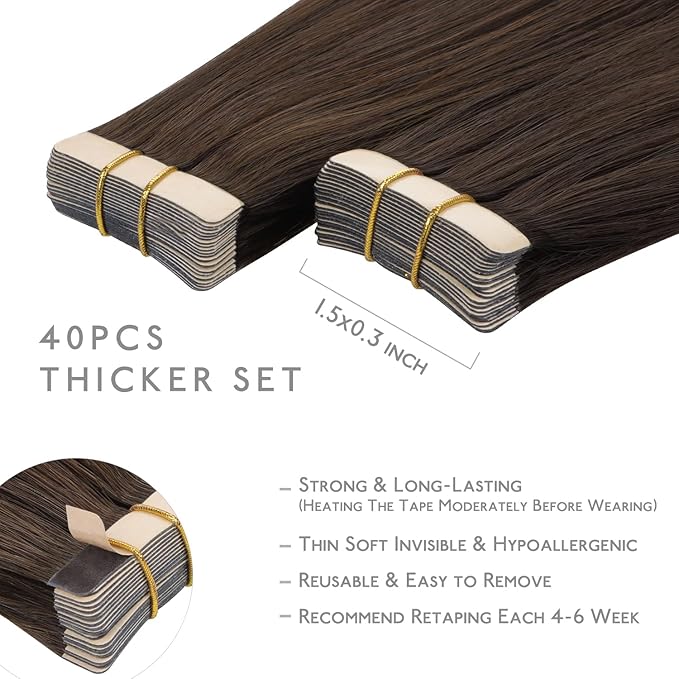 WENNALIFE Tape in Hair Extensions Human Hair, 40pcs 100g 20 inch Chocolate Brown Hair Extensions Real Human Hair Straight Tape in Extensions Invisible Human Hair Extensions Reusable Hair Extensions