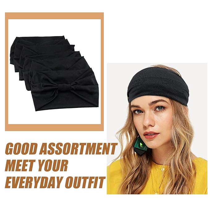 Yeshan Black Wide Headbands for Women Turban Knotted Headband for Lady Boho Thick Head Wraps Hairbands Large African Sport Yoga Head bands,Pack of 6