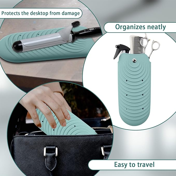 Heat Resistant Silicone Mat Pouch for Hair Styling Tools, Curling and Flat Irons Non-Slip Travel Cover, Small Portable Straightener Pad for Curler Wands Storage, Hot Waver (Green)