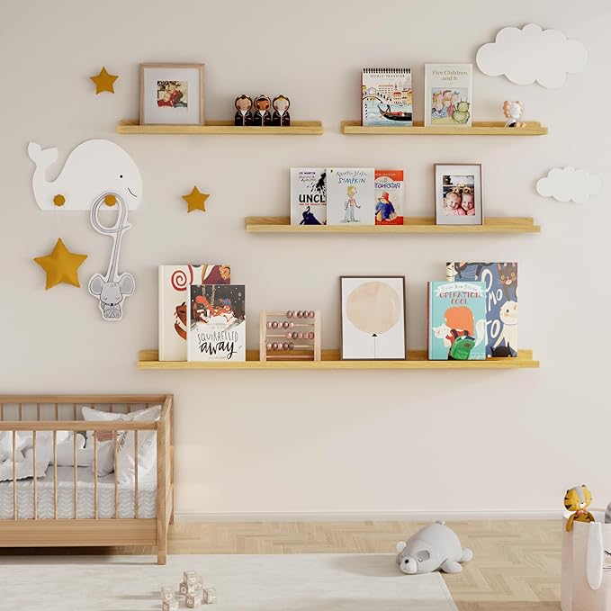 Picture Ledge Shelf for Wall, Floating Shelves Set of 4, 48 Inch Long Nursery Book Shelves for Toys Storage, Kids Bookshelf Wall Mounted for Books Photo Frames, Oak