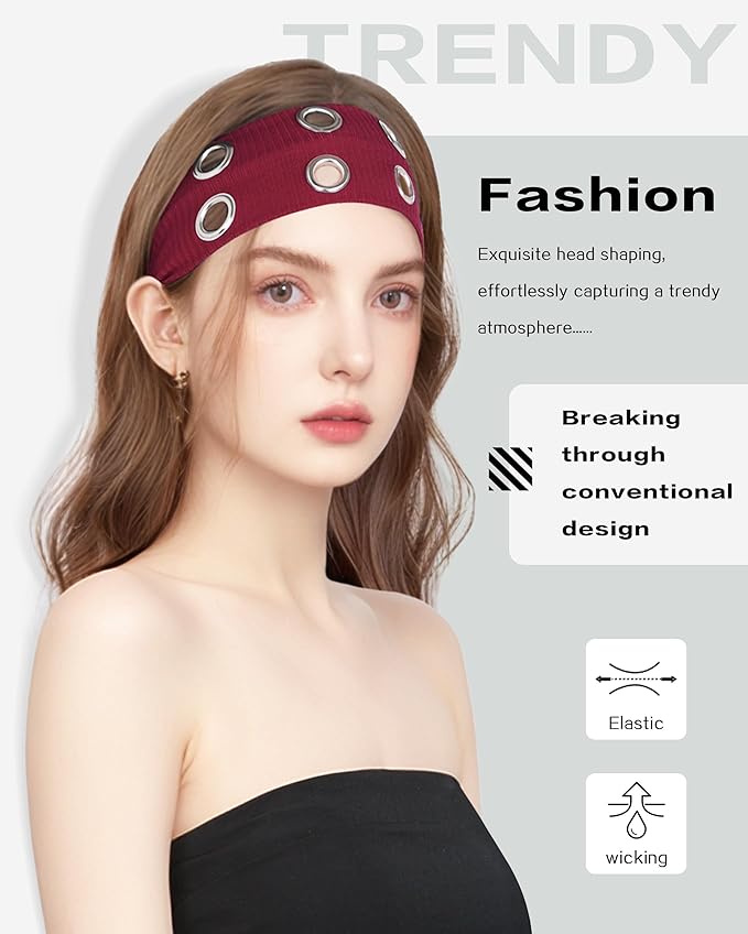 Grommet Headband for Women, Wide Burgundy 20cm Hollow Out Elastic Hair Band, Eyelets Punk Grunge Stylish Hairband