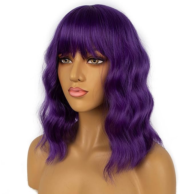 Dark Purple Short Bob Wigs with Bangs for Women Loose Wavy Wig Curly Wavy Shoulder Length Bob Synthetic Cosplay Wig for Girl Colorful Costume Wigs