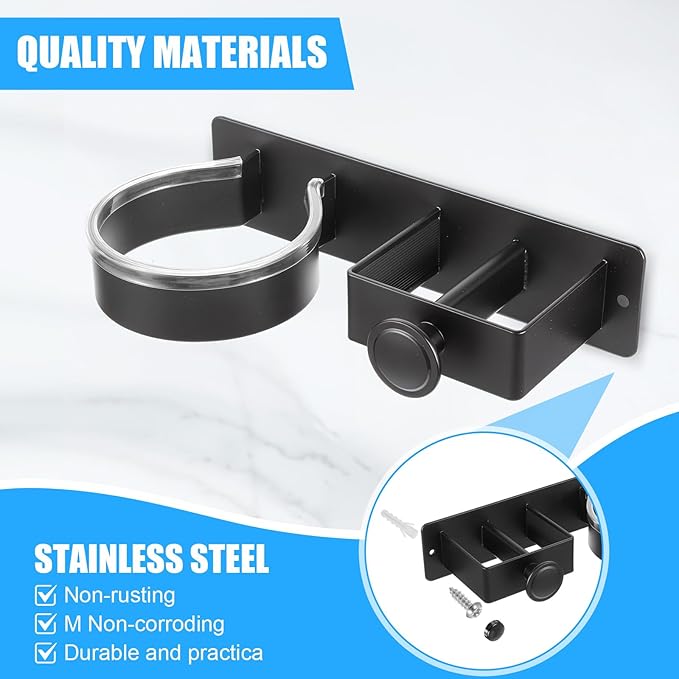 Hair Straightener Holder Wall, Thickened Blow Dryer Holder Wall Mounted Stainless Steel Hairdryer Holder for Bathroom, Hair Tools Organizer & Storage Curling Iron Holder (Black)