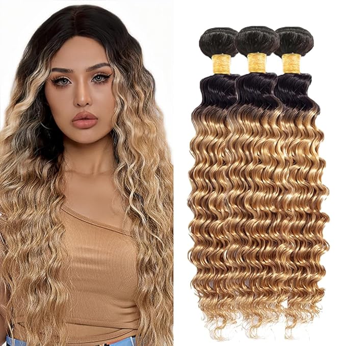 Ombre Bundles Human Hair Blonde Deep Wave Bundle Brazilian Virgin Remy Soft and Silky Hair 3 Bundles 22 24 26 Inch Double Weft 2 Tone Black and Honey Blonde Bundle Hair Weave 300g