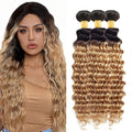 Ombre Bundles Human Hair Blonde Deep Wave Bundle Brazilian Virgin Remy Soft and Silky Hair 3 Bundles 22 24 26 Inch Double Weft 2 Tone Black and Honey Blonde Bundle Hair Weave 300g