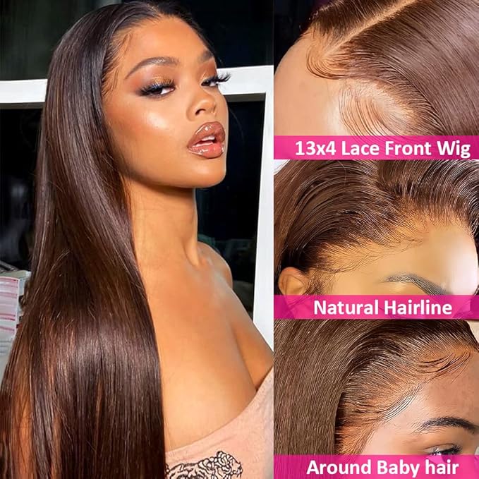 Hermosa 13x4 Brown Lace Front Wigs Human Hair 180 Straight Lace Frontal Human Hair Wigs Pre Plucked Hairline 4# Brown Color 22 Inch