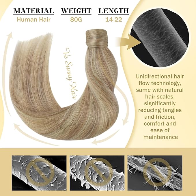 Ve Sunny Hair Extensions Ponytail Real Human Hair 80G Wrap Around Clip in Ponytail Hair Extensions Straight Extensions Human Hair for Women Blonde Highlights for Women Warm Color 14inch