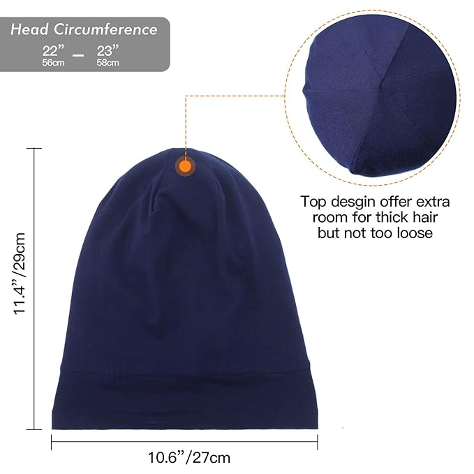 Silk Satin Lined Bonnet Sleep Cap - Adjustable Stay on All Night Hair Wrap Cover Slouchy Beanie for Curly Hair Protection for Women and Men - Solid Navy