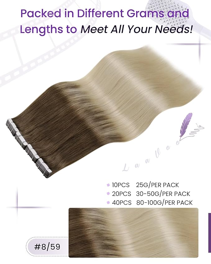 LaaVoo Tape in Hair Extensions Human Hair Light Brown Fading to Light Blonde Ombre Hair Extensions Tape in Real Hair Tape on Extensions Soft Hair for Women 14inch 20pcs 50g