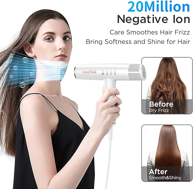 Hair Dryer, High-Speed Brushless Motor Ionic, Foldable and Portable 9Modes One Touch Switch with 1Diffuser, 1Nozzle and 1Concentrator Attachment for Home, Travel, White