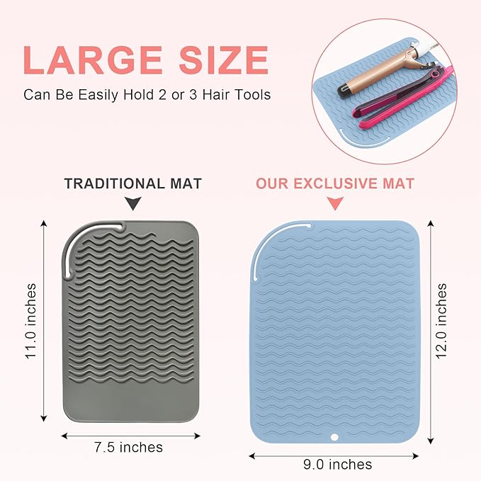Plus Size Silicone Heat Resistant Mat, Portable Travel Hot Tools Pad Cover for Curling Iron, Flat Iron, Hair Straightener and Other Hair Styling Tools(12.0" x 9.0")
