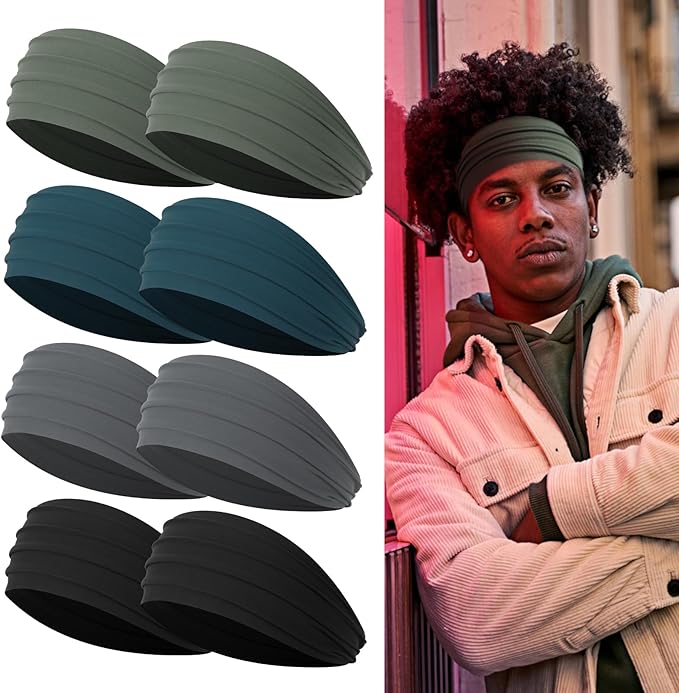 Wide Headbands for Men, Men’s Headbands for Long Hair, Head Bands for Men for Workout, Running, Baseball, Football, Tennis, Basketball, Softball, 8 Pieces