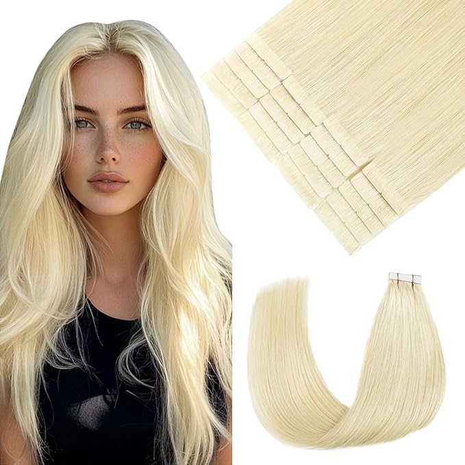 Pinkpearl Invisible Tape in Hair Extensions Human Hair, 20pcs 16inch 45g #60 Platinum Blonde Injection Tape in Extensions Real Remy Straight Seamless Silky Human Hair Injected