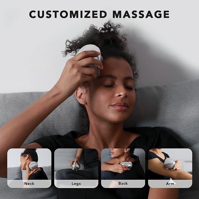 Breo Portable Mini Scalp Massager – IPX7 Waterproof Rechargeable Head Massager for Scalp Relax, Stress Relief Tool with Bamboo Wood Charging Base, Removable Massage Nodes (Silver with Base)