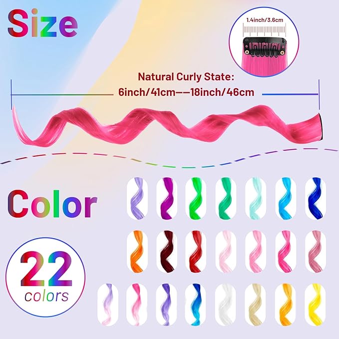 Colored Hair Extensions Curly Wavy Accessories for Girls Women,Multi-colors Party Highlights Clip in Synthetic Rainbow Hairpiece for Kids Christmas Favors Gift(22 PCS Colorful)