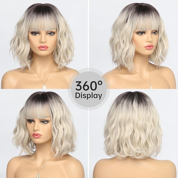 Short Ombre Blonde Bob Wigs for Women Wavy Blonde Wig with Bangs Ash Blond Wig Synthetic Hair Water Wave Medium Length Colorful Wigs（14 Inches）