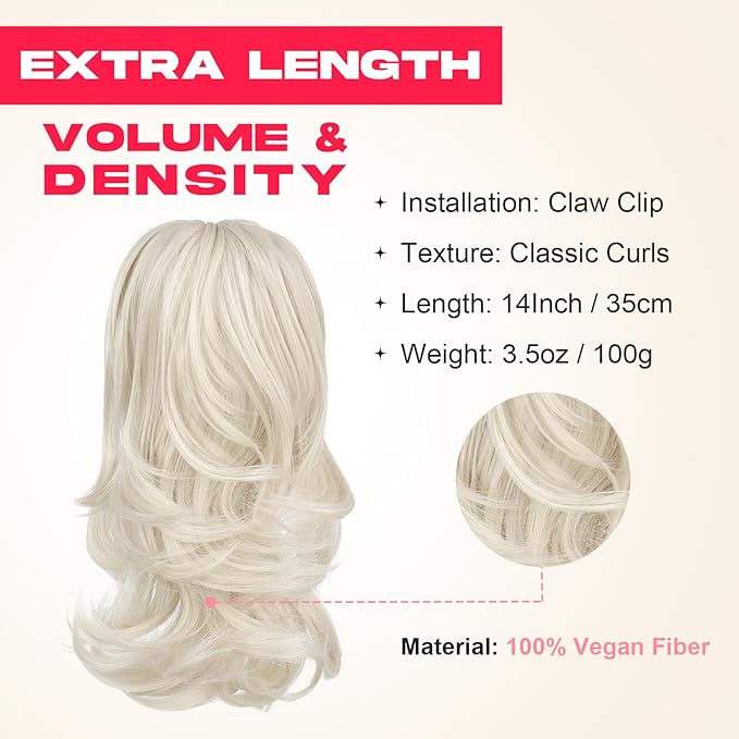 Ponytail Extension - 14" Claw Clip in Ponytail Hair Extensions Natural Soft Synthetic Layered Wavy Pony Tail Hair Pieces for Women - Platinum