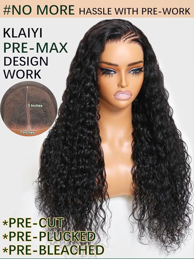 KLAIYI Bye Bye Knots Glueless Wig Pre Cut Water Wave HD Lace Front Wigs Human Hair Pre Bleached Pre Plucked Ready to Go Wigs for Women 30S Easy to Wear Put On and Go Curly Wig Beginner Friendly 26inch