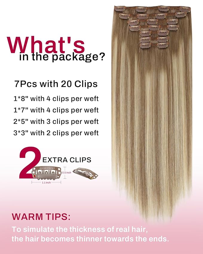Moresoo Ombre Brown to Blonde Clip in Hair Extensions Human Hair Light Brown to Medium Blonde Remy Human Hair Clip in Extensions to Add Volume for Women Long And Thick 150g/7pcs 22 inch