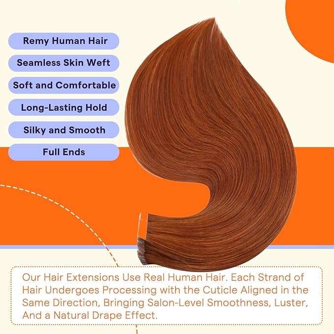 Full Shine Tape in Hair Extensions Human Hair Color 550 Copper 24 Inch Natural Straight Remy Human Hair Tape in Extensions 50Grams Invisible Seamless Skin Weft Real Hair 20PCS for Women