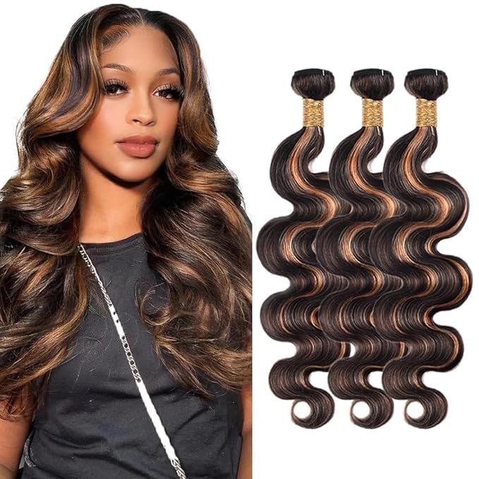 30 32 34 Inch Light Brown Body Wave Bundles Human Hair Ombre Brown Bundles Niegmeag Brazilian Virgin Remy Hair Extensions Double Weft Highlight P1B30 Body Wave Bundle Hair Weave