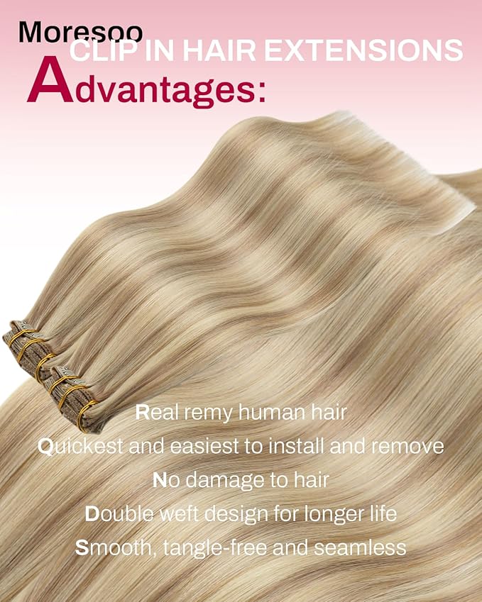 Moresoo Clip in Hair Extensions Real Human Hair Remy Human Hair Clip in Extensions Dark Ash Blonde Highlight with Golden Blonde Hair Extensions for Women 5pcs 80g 18inch