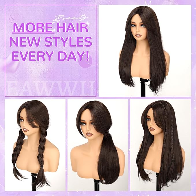Black Synthetic Hair Toppers for Women with Thinning 3D 360° Cover Clip in Wispy Bangs Upgraded Adjustable Bandage 24 Inch Long Layered