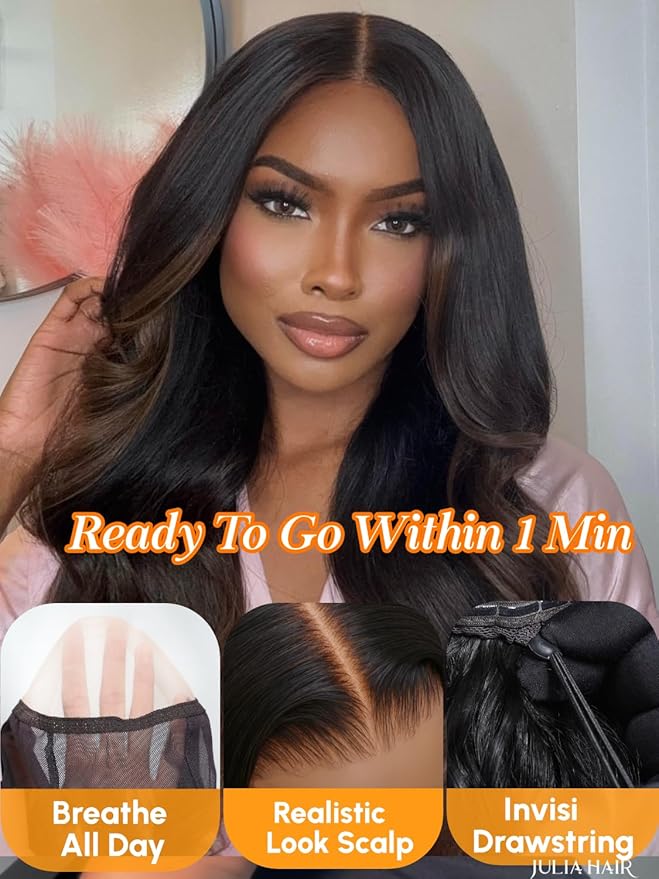 Julia Hair Chestnut Brown Ombre Yaki Straight 7x5 Pre Cut HD Lace Put On and Go Wig Bye Bye Knots Glueless Human Hair Wigs with Invisi Drawstring Pre Plucked Bleached Knots Beginner Friendly 22 Inch