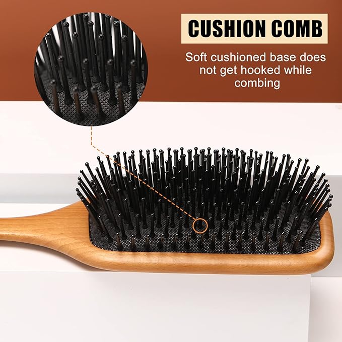 olelo Hair Brush Natural Wooden Paddle Brush, Brushes for Men & Women, Wood Hairbrush for Thick or Curly Hair, Black & Wood Square Hair Brush, Beech Massage Scalp Brush